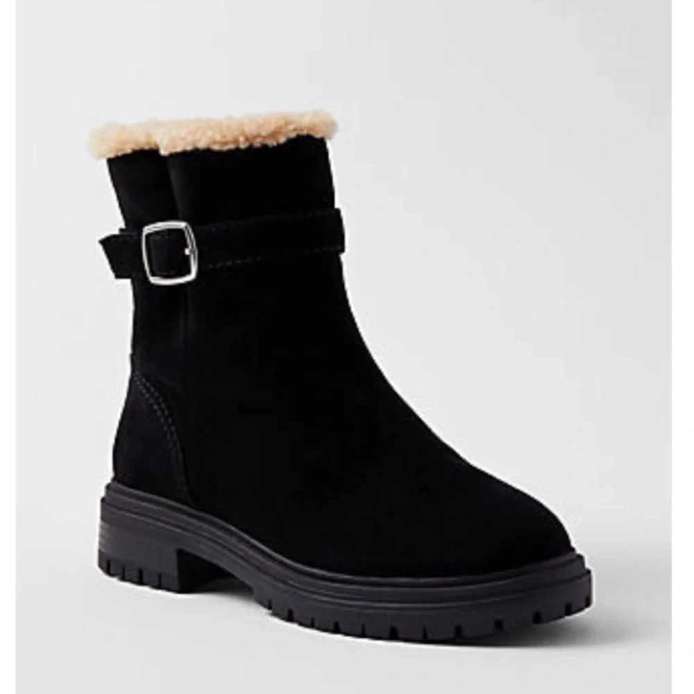 ANN TAYLOR Suede And Sherpa Buckle Boots NEW